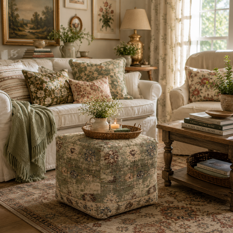 Vintage Floral Pouf Ottoman