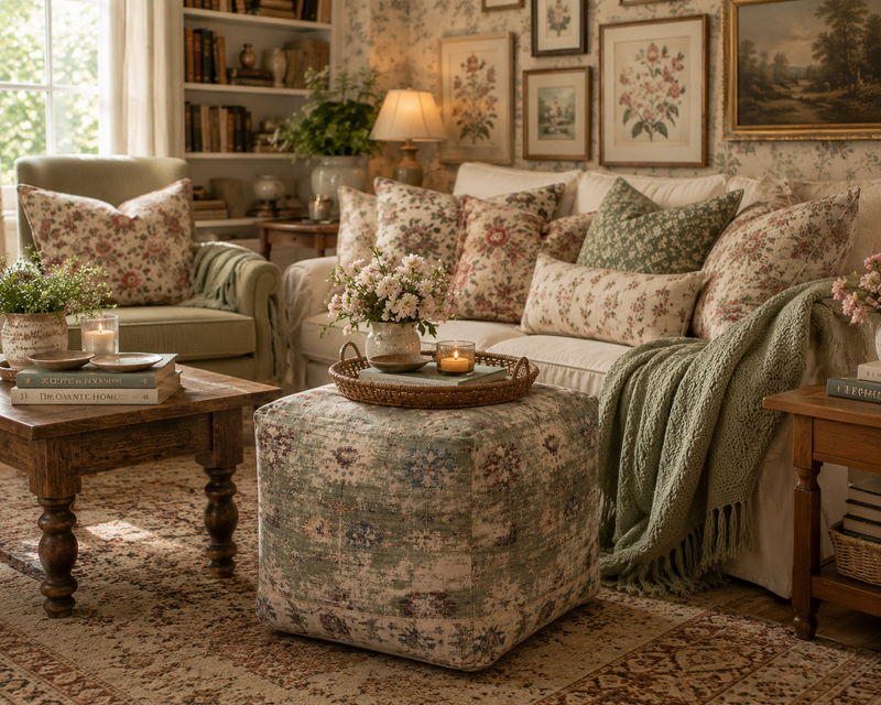 Vintage Floral Pouf Ottoman