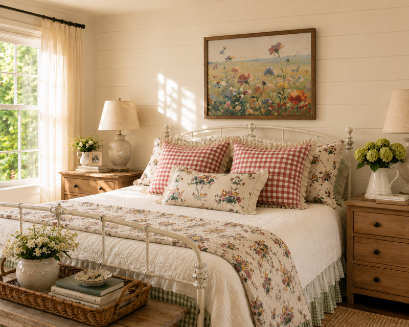 Gingham Floral Cottage Ruffled Cotton Pillow Covers - Set of 3