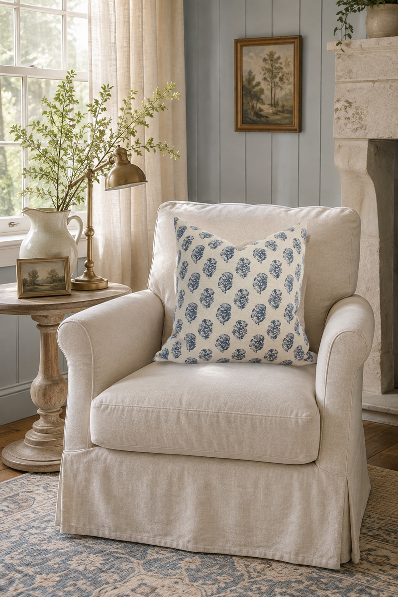 Coastal Blue Floral Cottage Farmhouse Pillow