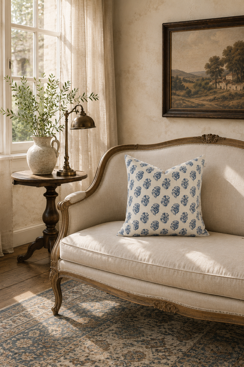 Coastal Blue Floral Cottage Farmhouse Pillow