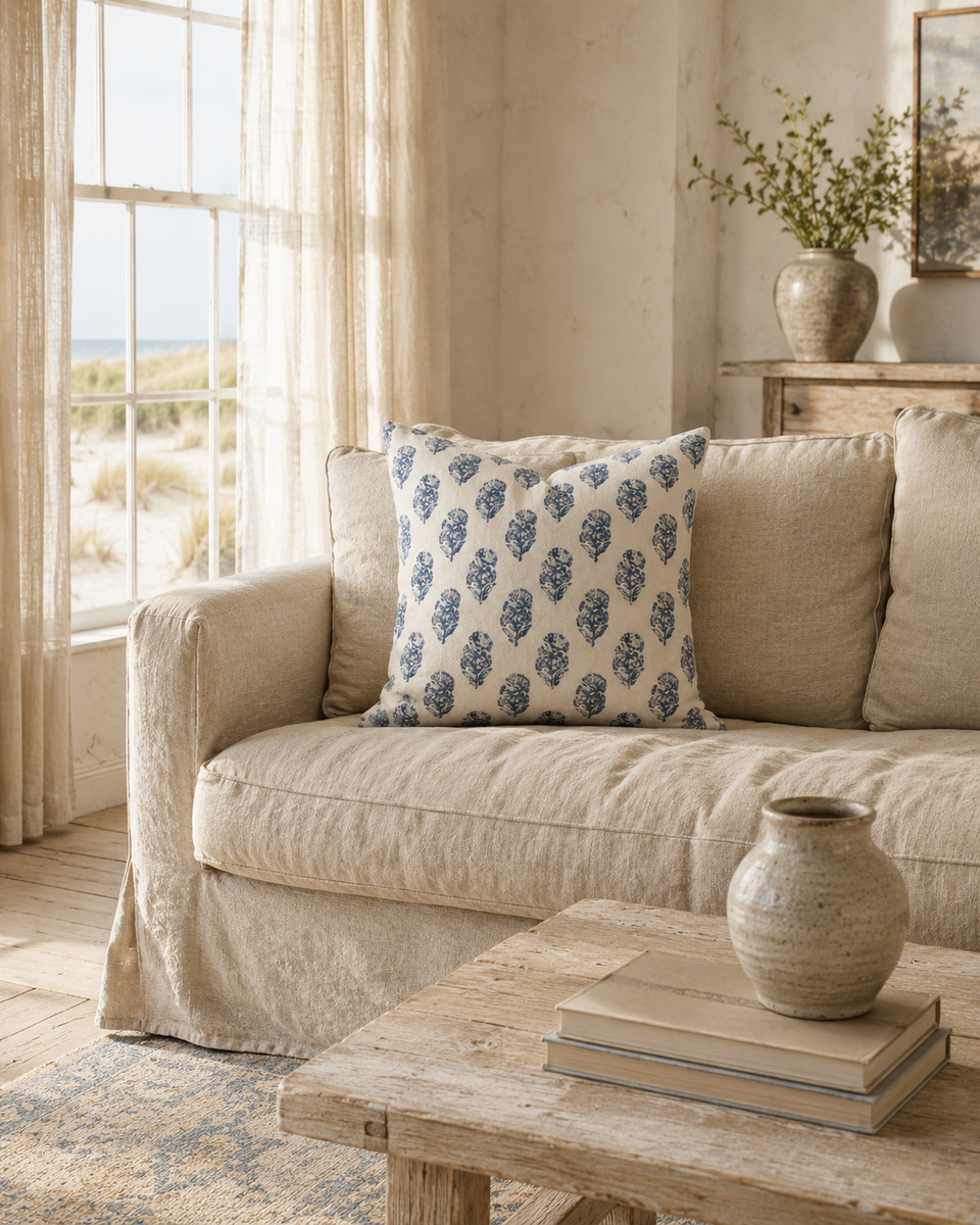 Coastal Blue Floral Cottage Farmhouse Pillow