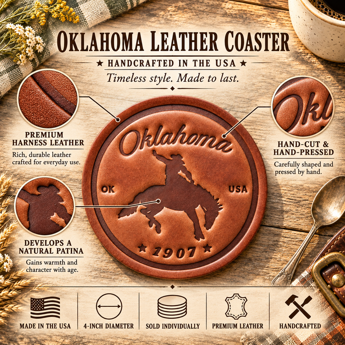 Oklahoma Bronco Leather Coaster