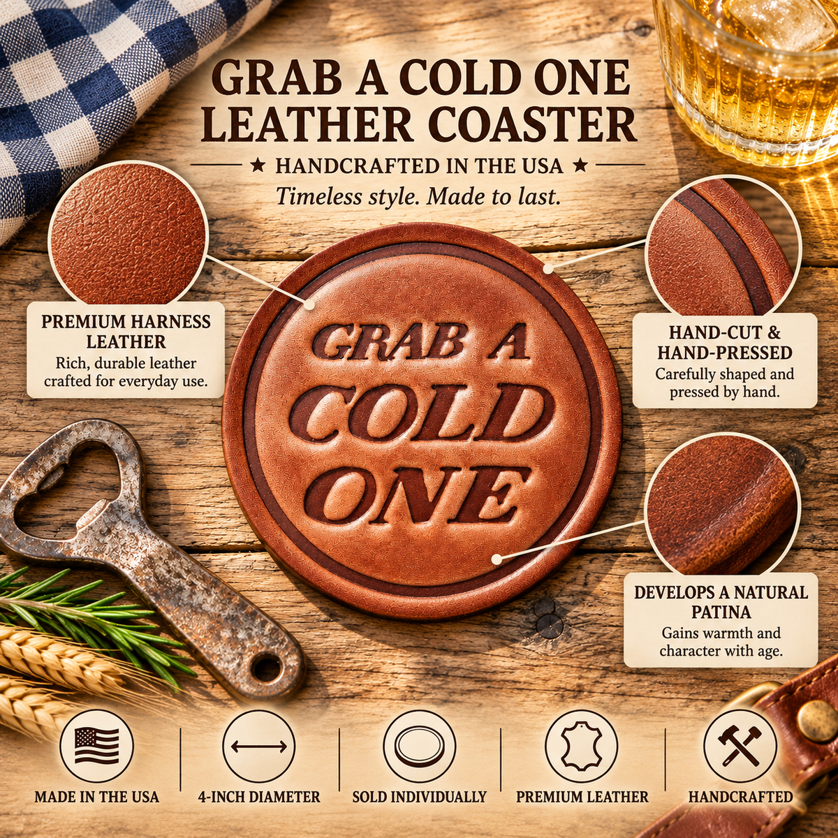 Grab a Cold One Leather Coaster