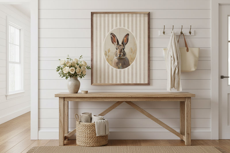Cottage bunny wall art displayed in farmhouse style home
