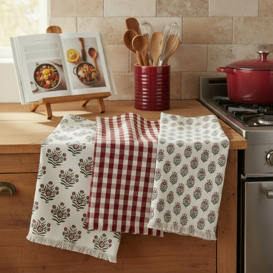 Farmhouse red block print tea towels folded on counter
