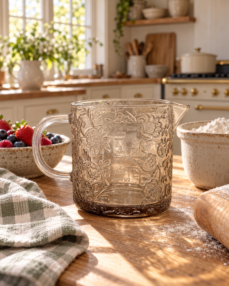 Beige Floral Cottage Farmhouse Glass Measuring Cup