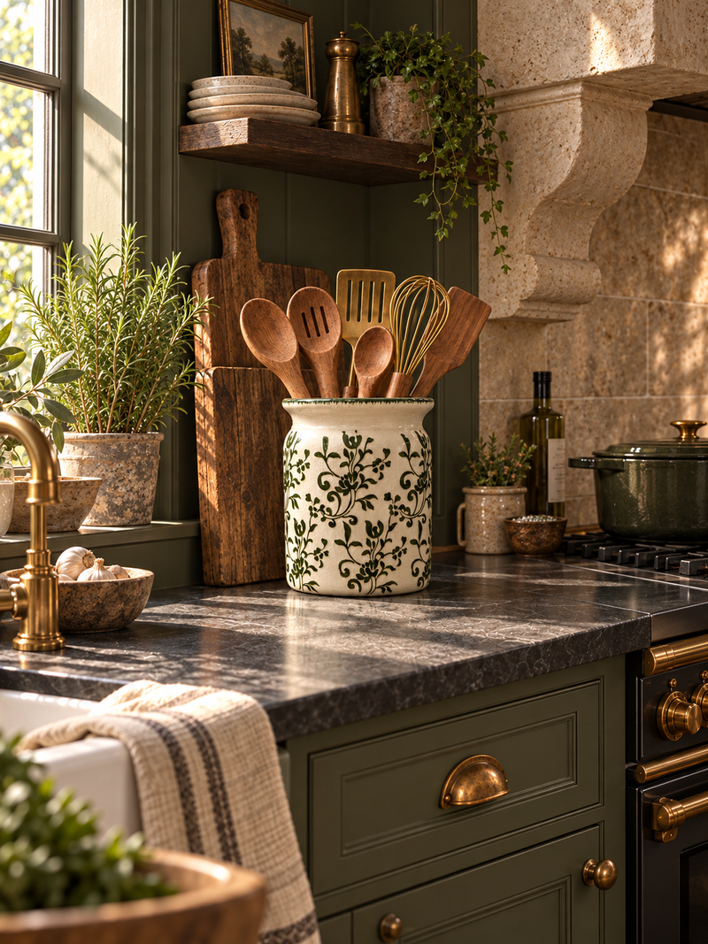 Olive Vine Ceramic Utensil Crock | Green Floral Kitchen Crock