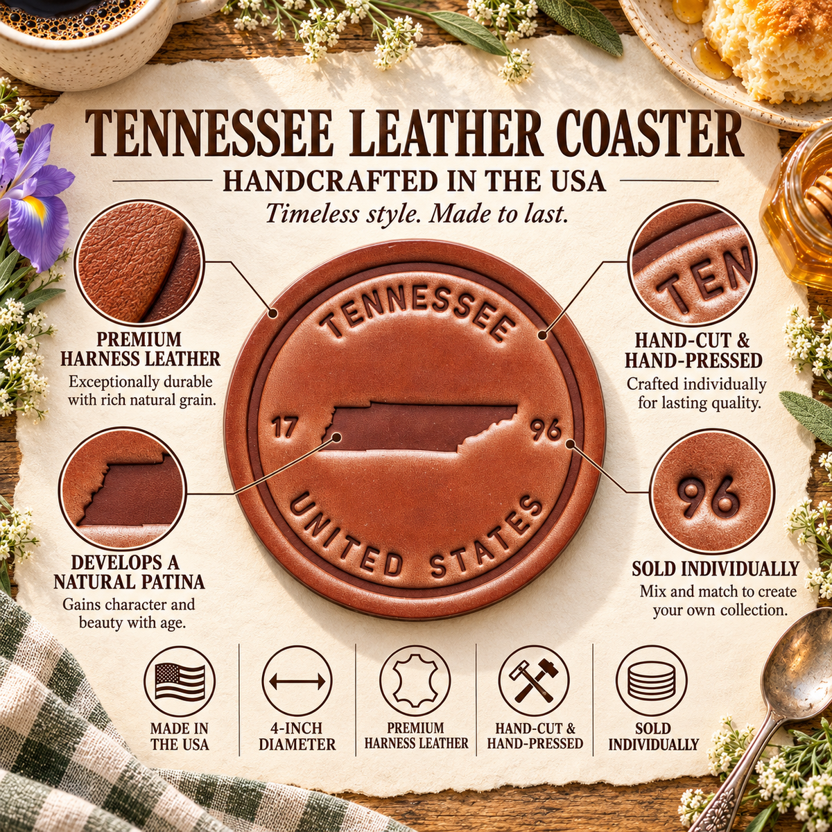 Tennessee State Silhouette Leather Coaster