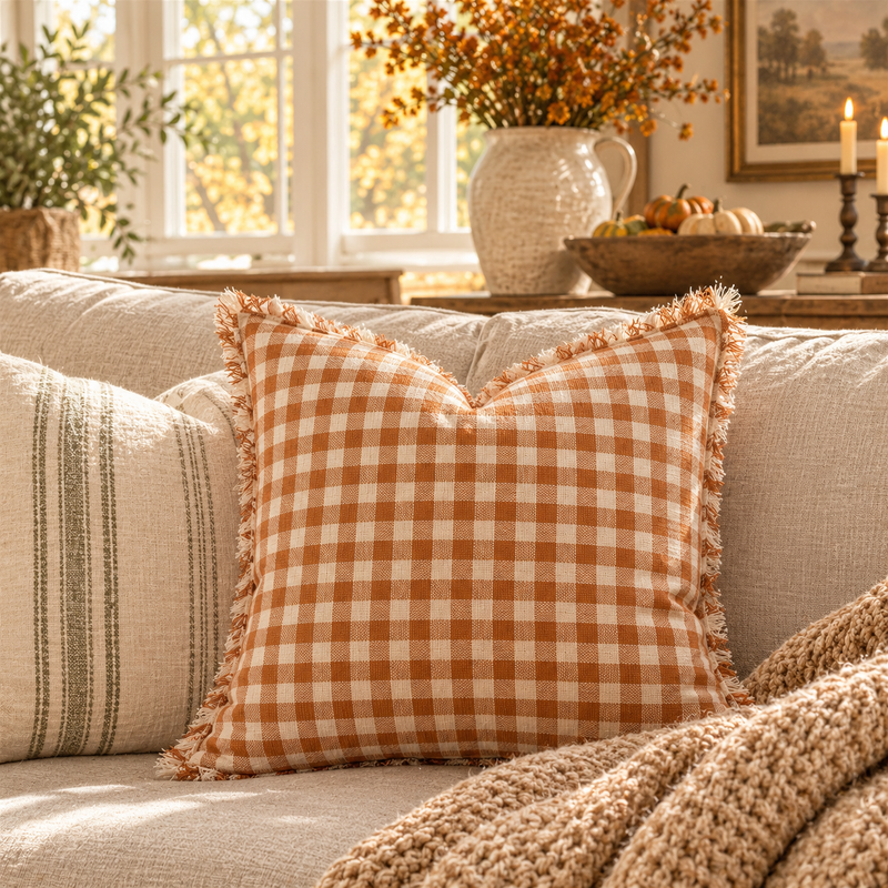 Rust and Cream Check Pillow