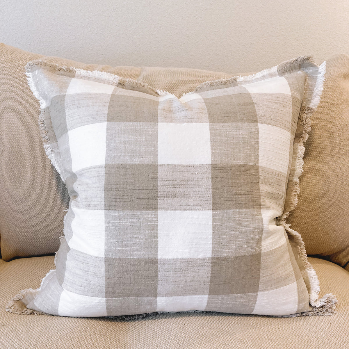 Buffalo Check Fringe Pillow Cover - Taupe