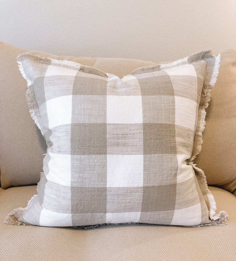 Buffalo Check Fringe Pillow Cover - Taupe