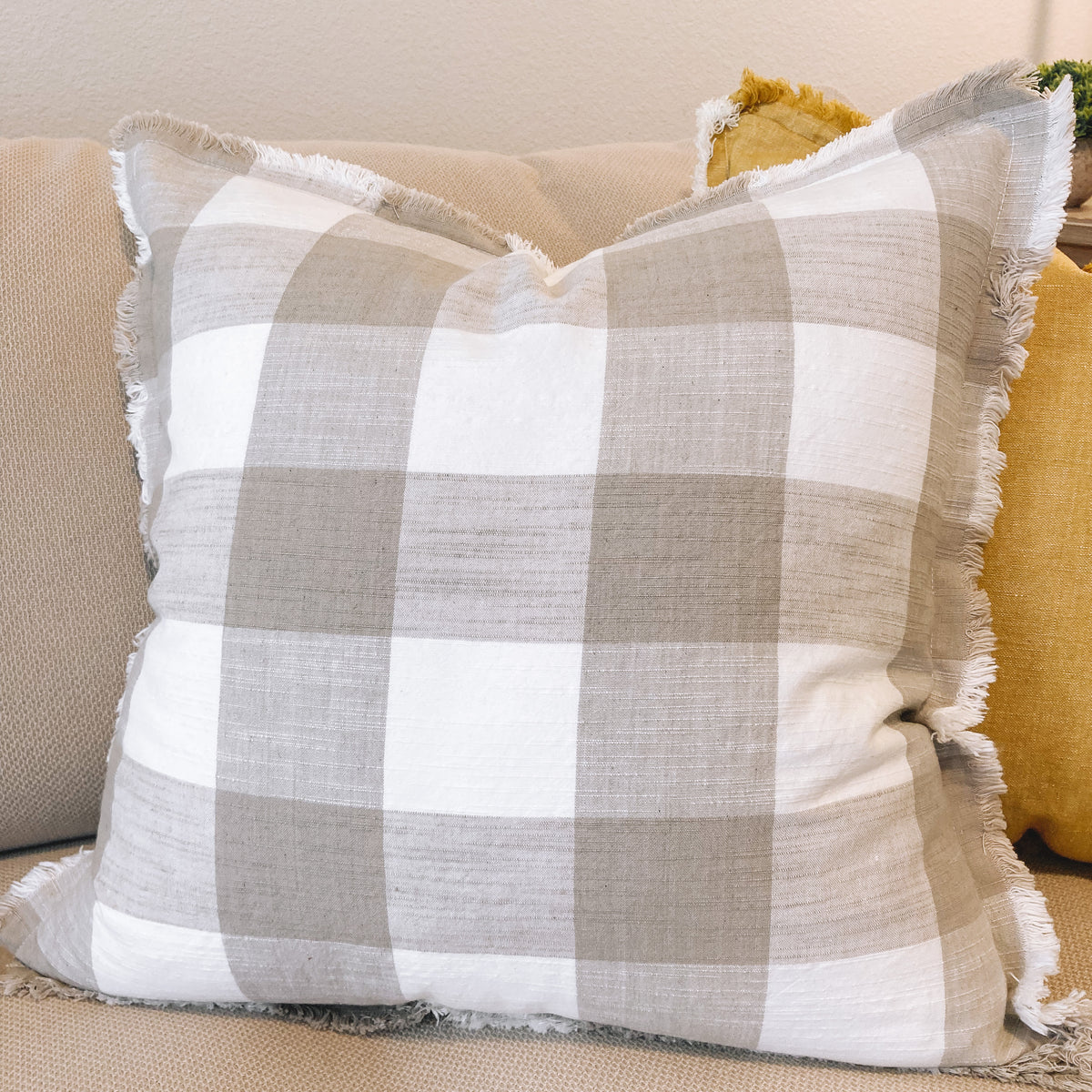 Buffalo Check Fringe Pillow Cover - Taupe