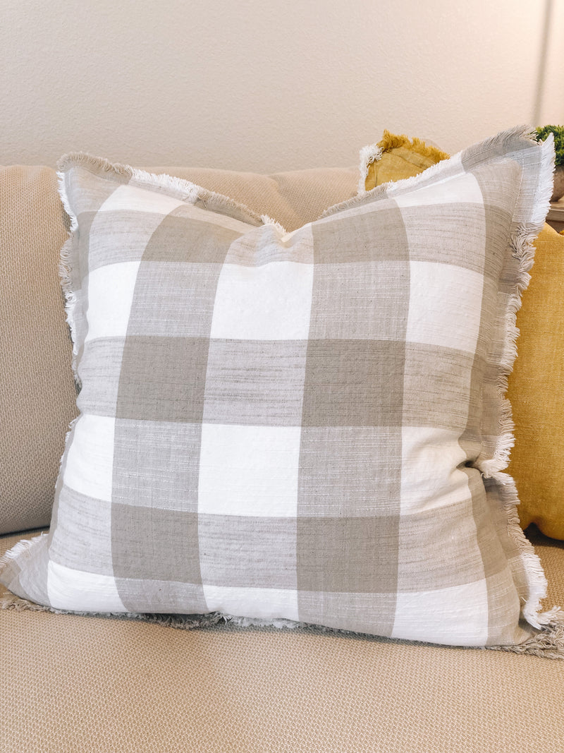 Buffalo Check Fringe Pillow Cover - Taupe