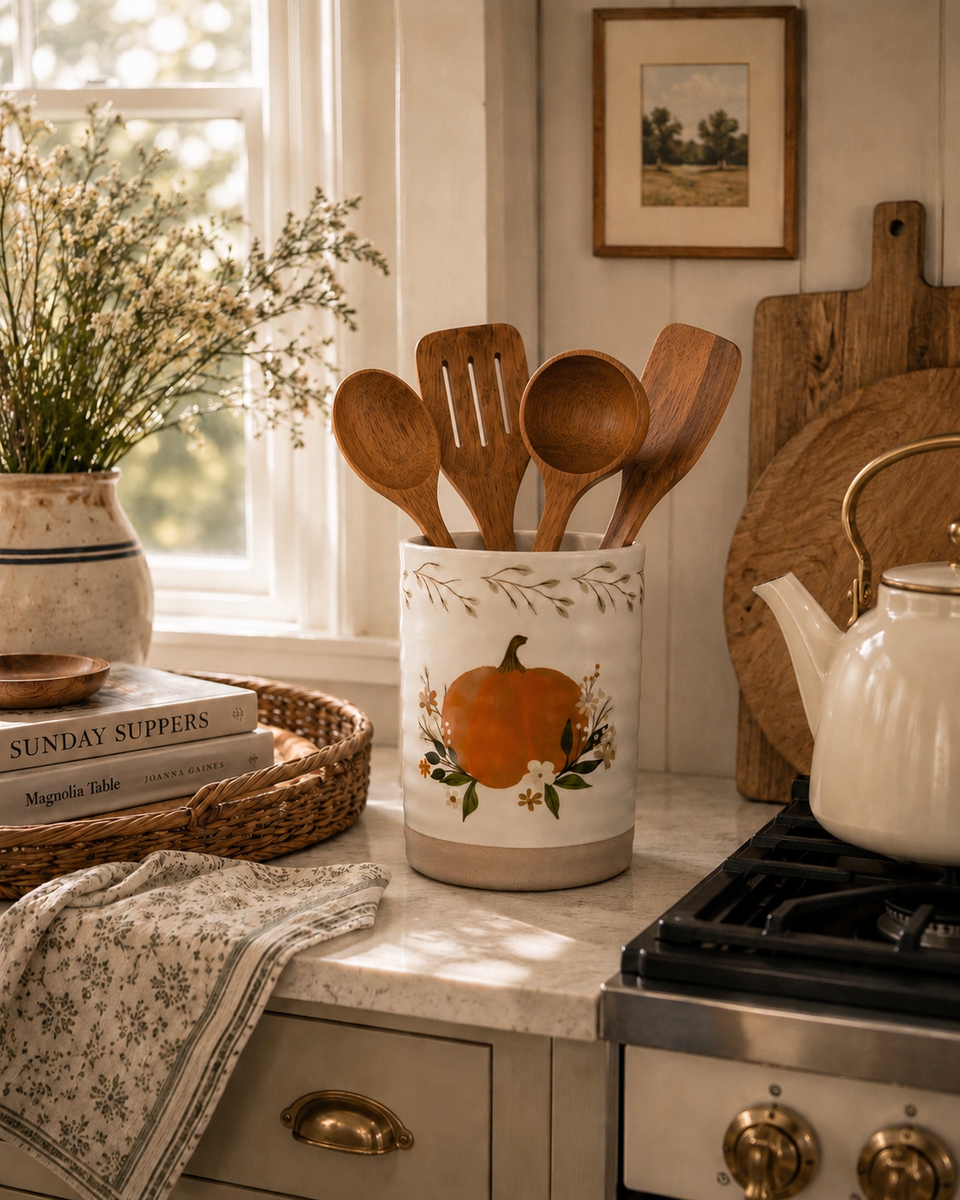 Floral Pumpkin Stoneware Utensil Crock
