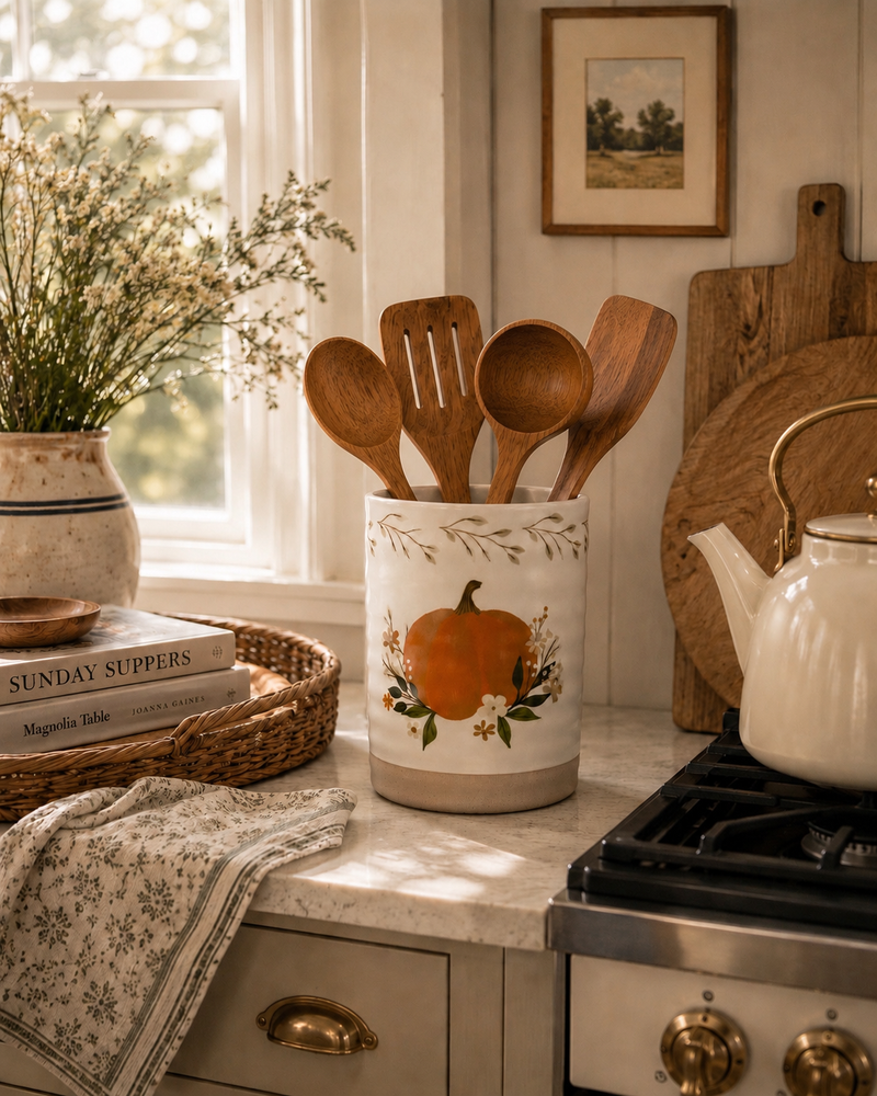 Floral Pumpkin Stoneware Utensil Crock