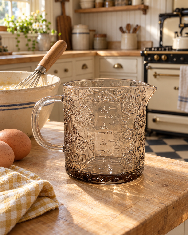 Beige Floral Cottage Farmhouse Glass Measuring Cup