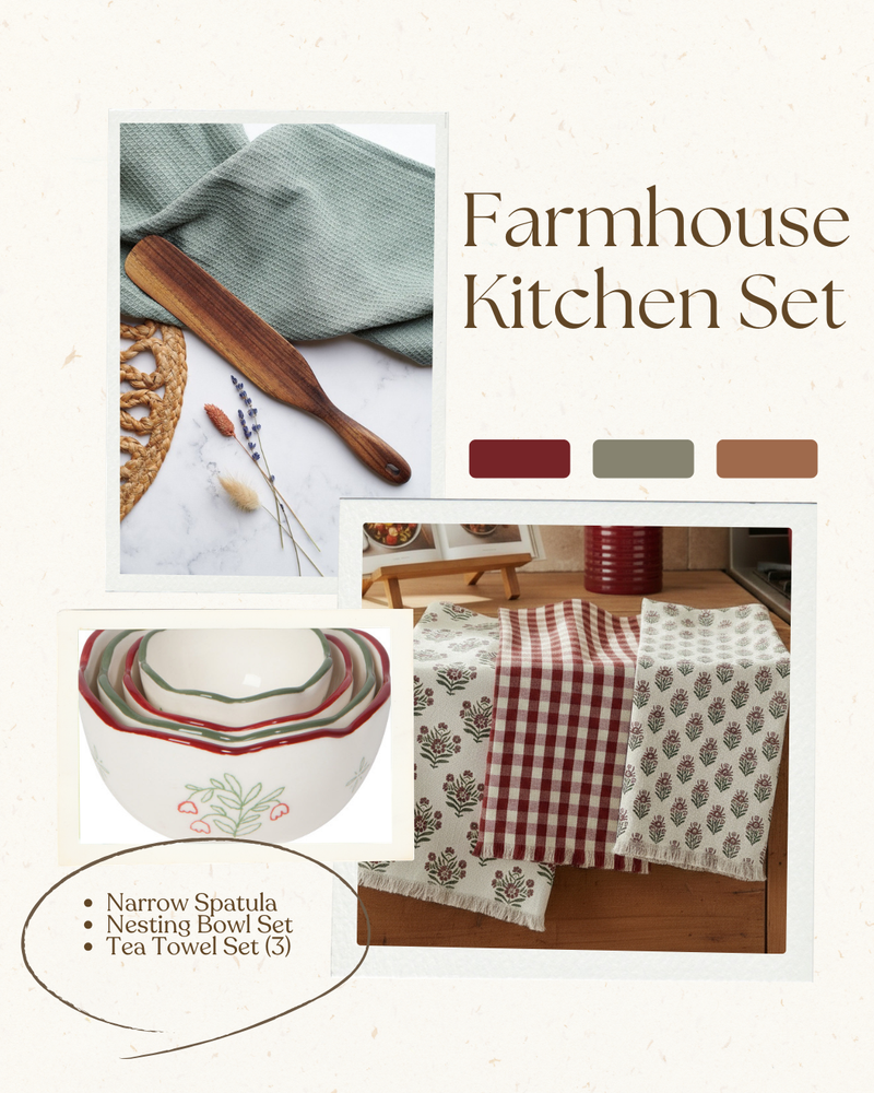 Farmhouse kitchen decor set with red block print tea towels, wooden utensil and nesting bowls