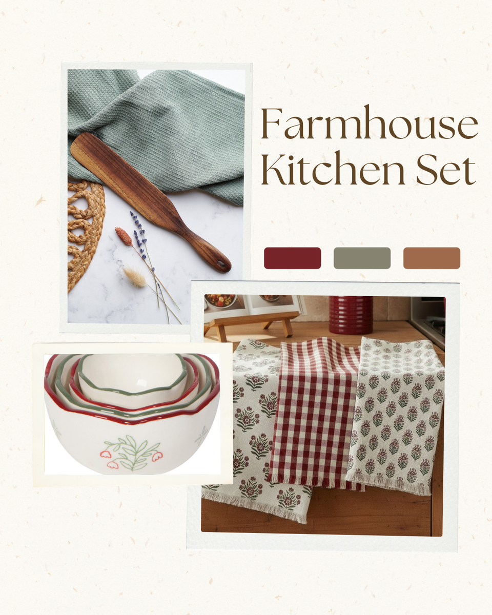 Farmhouse kitchen decor set with red block print tea towels, nesting bowls and wooden utensil