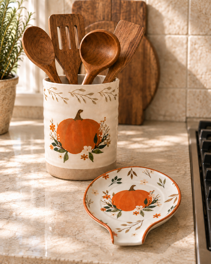 Floral Pumpkin Utensil Crock + Spoon Rest Set