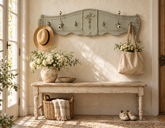 French Country Ornate Wall Mounted Coat Rack | Distressed Green Finish