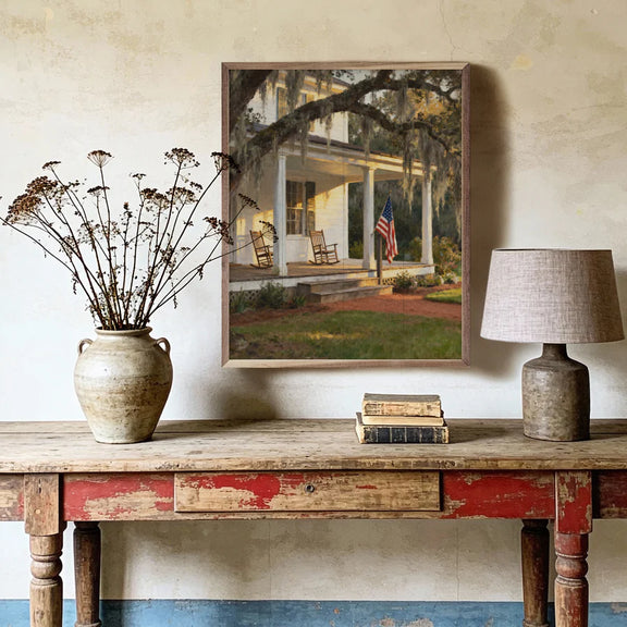 Front porch homestead wall décor above console table