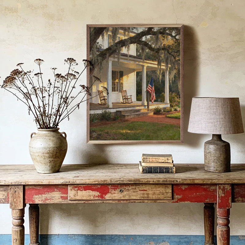 Front porch homestead wall décor above console table