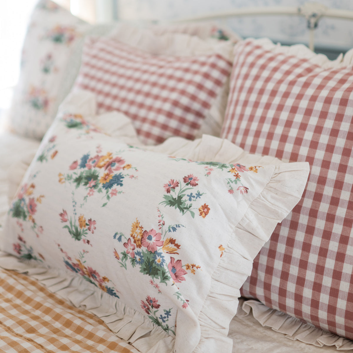 Gingham Floral Cottage Ruffled Cotton Pillow Covers - Set of 3