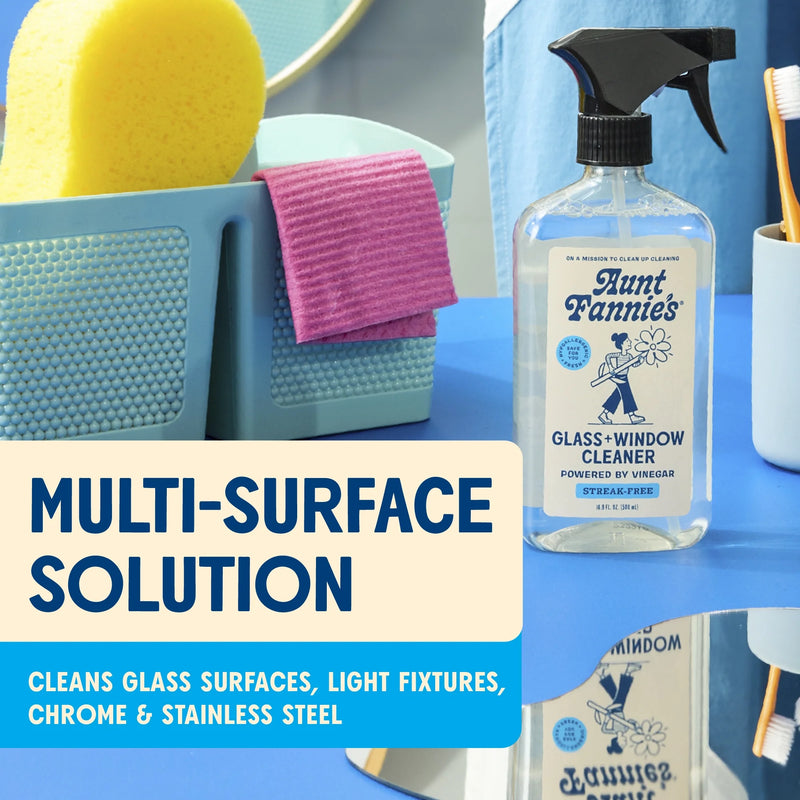 Streak-free glass cleaner bottle on countertop