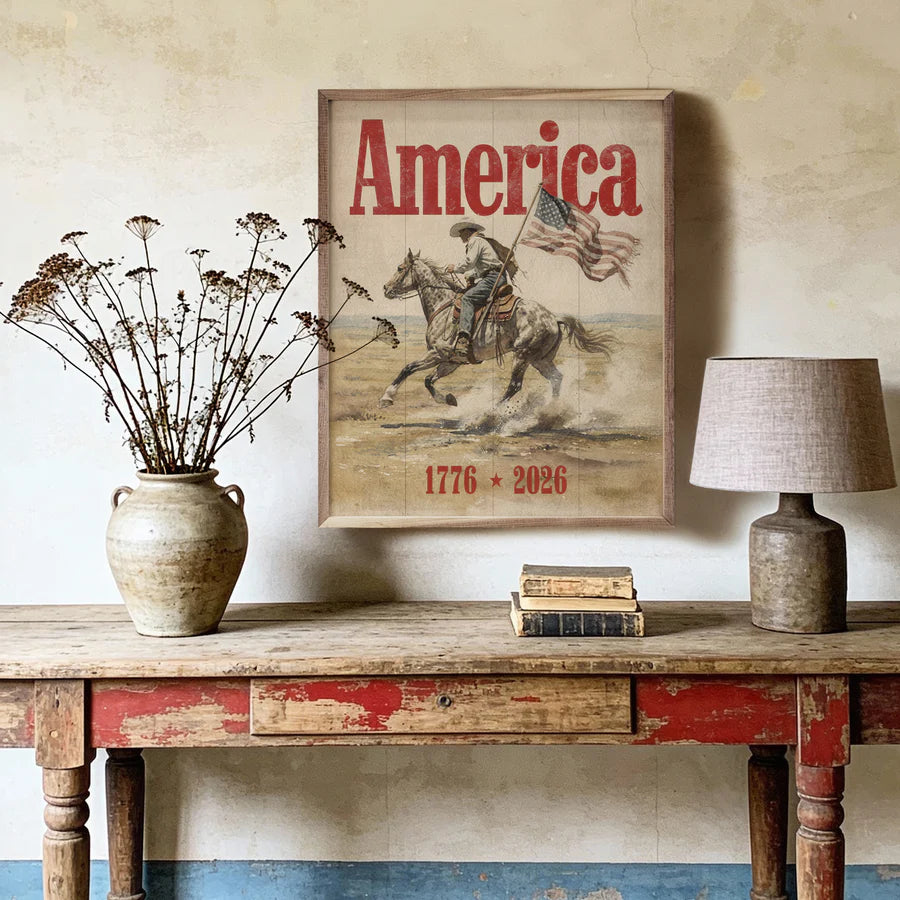 Heritage cowboy decor above console table