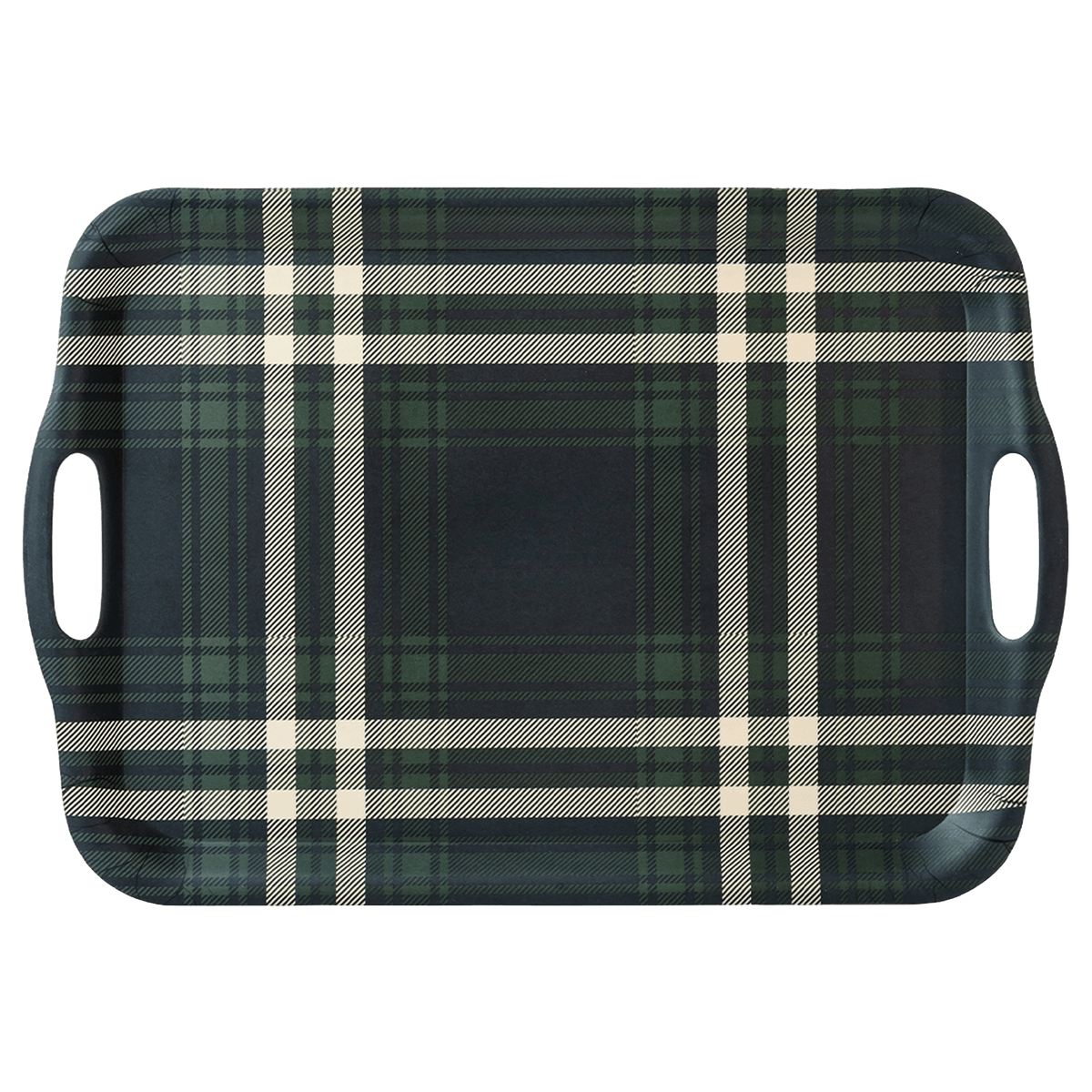 Navy Green Plaid Large Melamine Tray with Handles