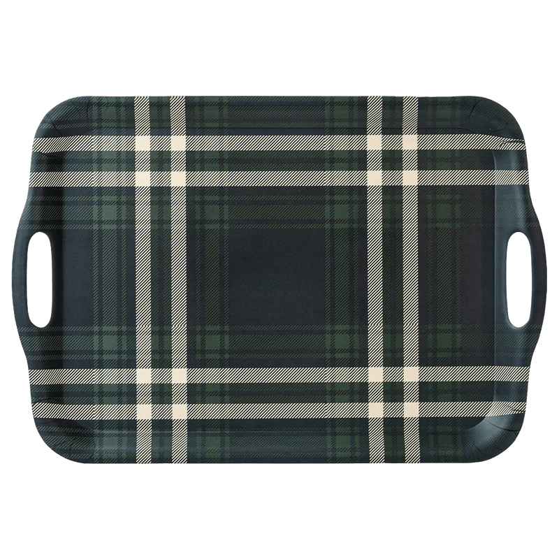 Navy Green Plaid Large Melamine Tray with Handles
