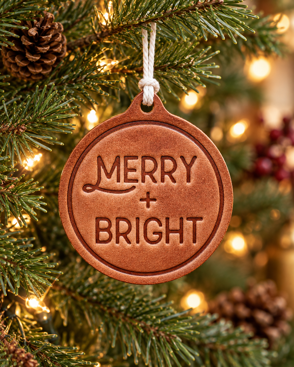 Merry + Bright Christmas Ornament | Leather