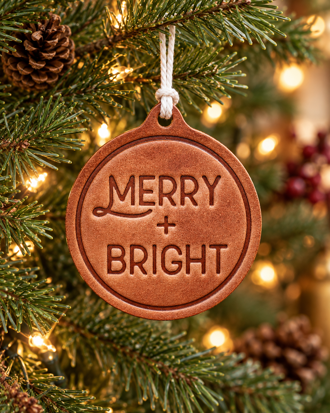 Merry + Bright Christmas Ornament | Leather