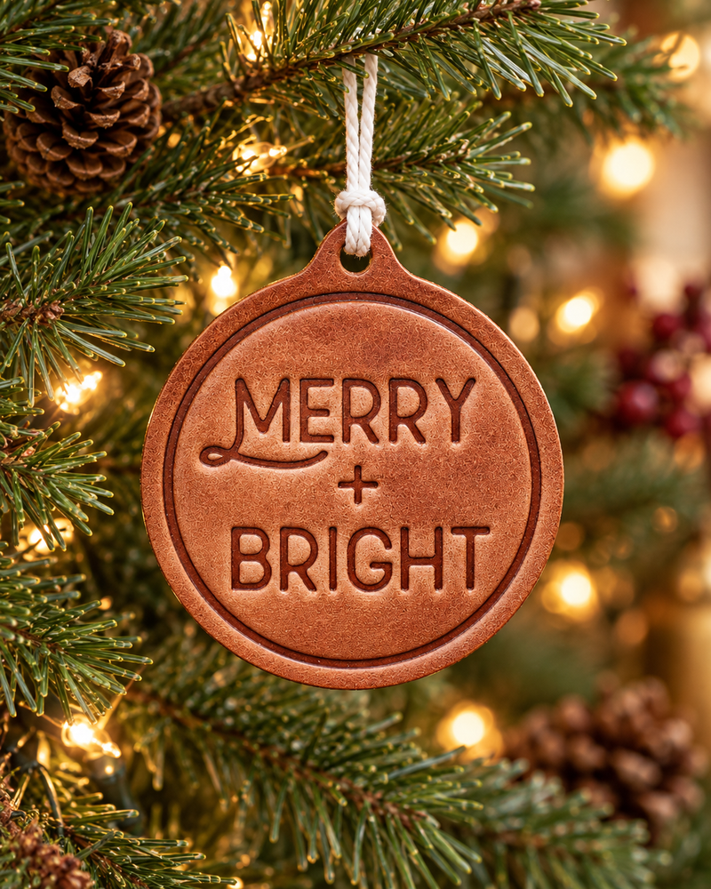 Merry + Bright Christmas Ornament | Leather