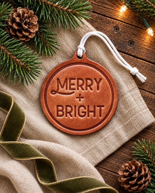 Merry + Bright Christmas Ornament | Leather