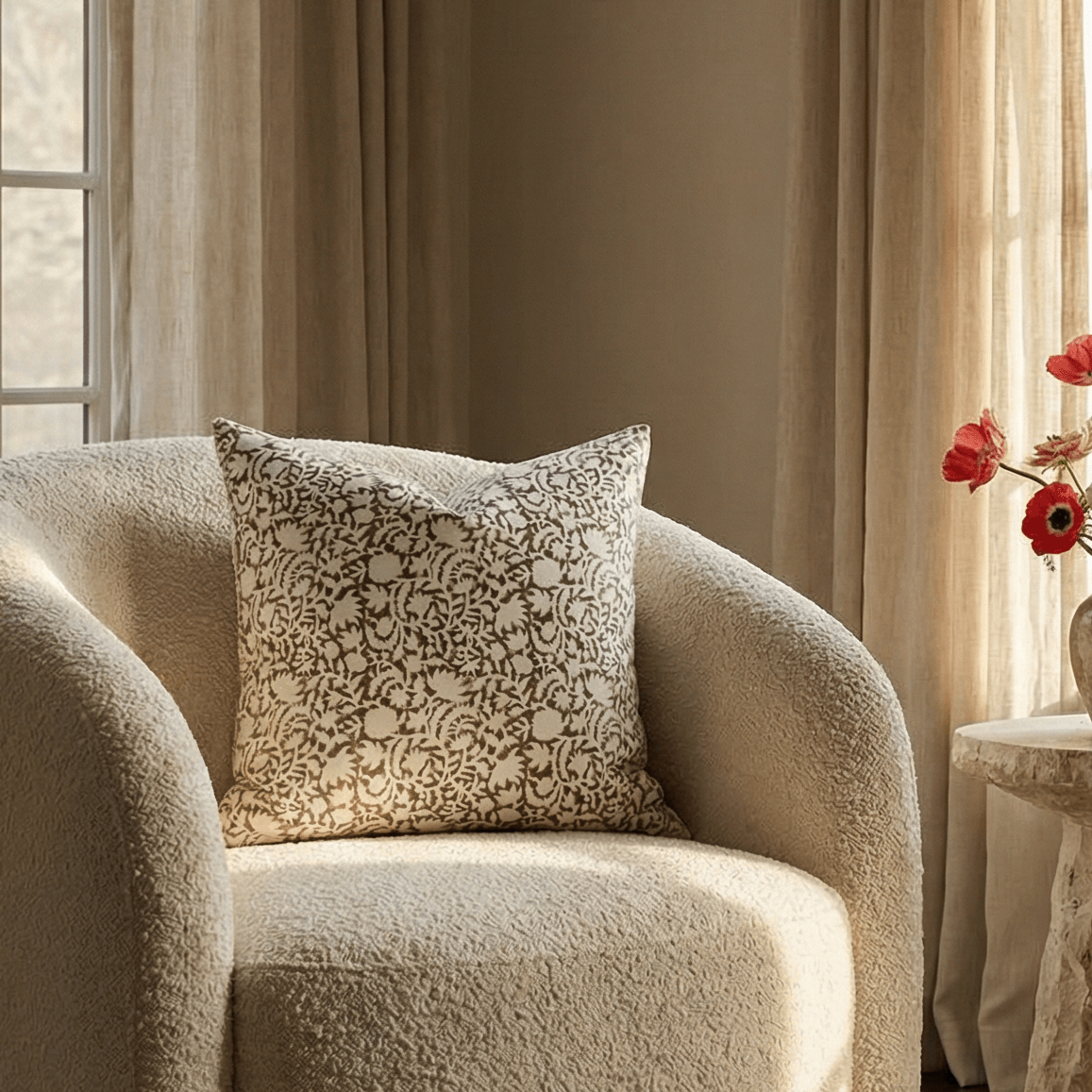 Ochre Floral Block Printed Pillow Cover