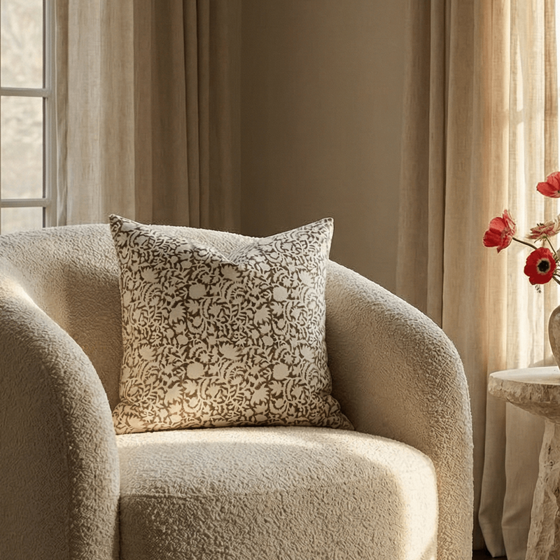 Ochre Floral Block Printed Pillow Cover