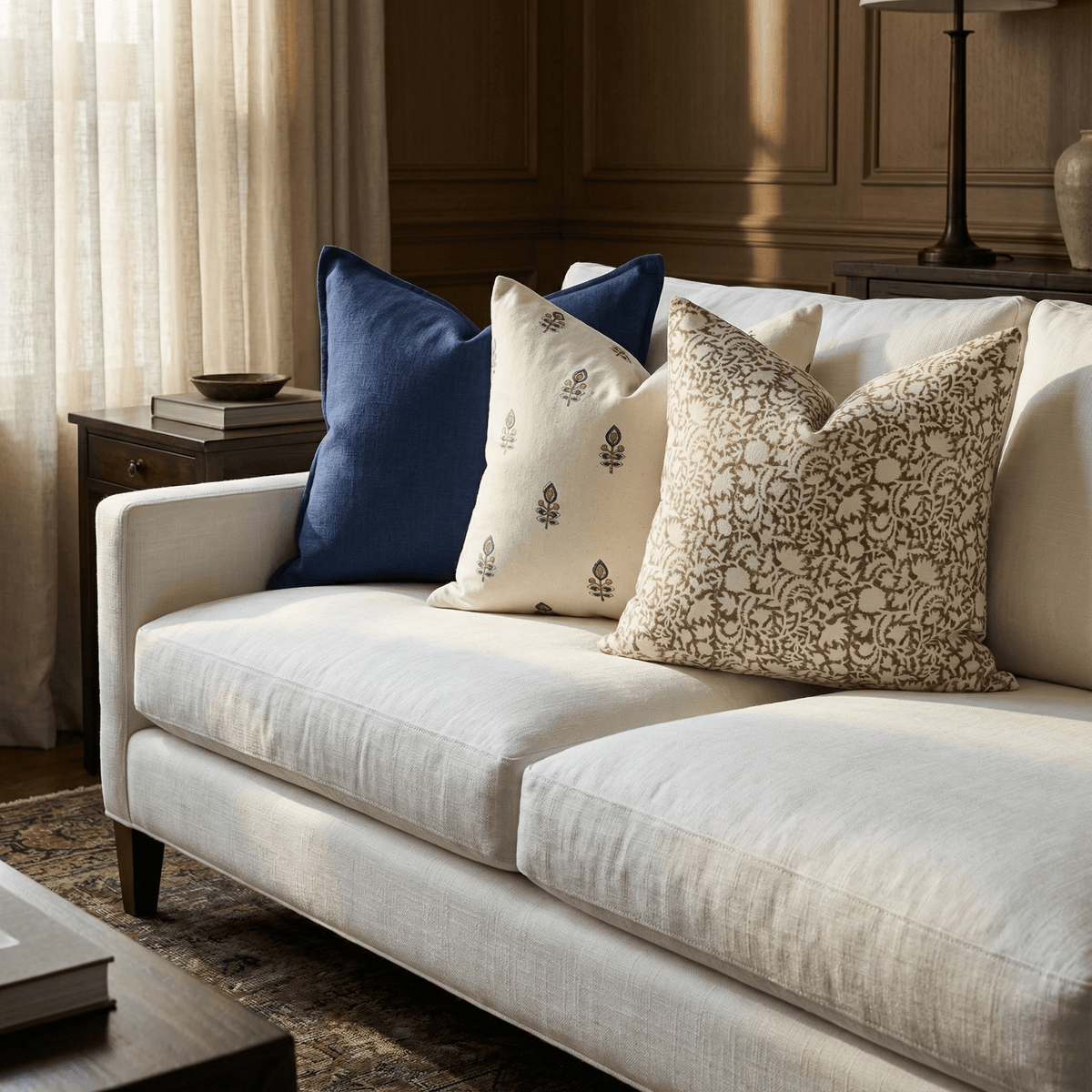 Ochre Floral Block Printed Pillow Cover