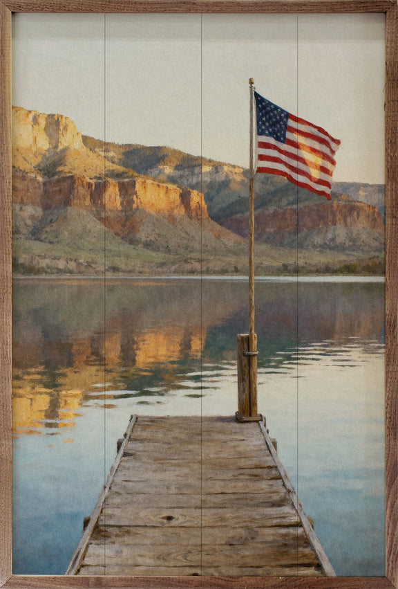 Close up of Mountain Lake Flag Dock wall art print