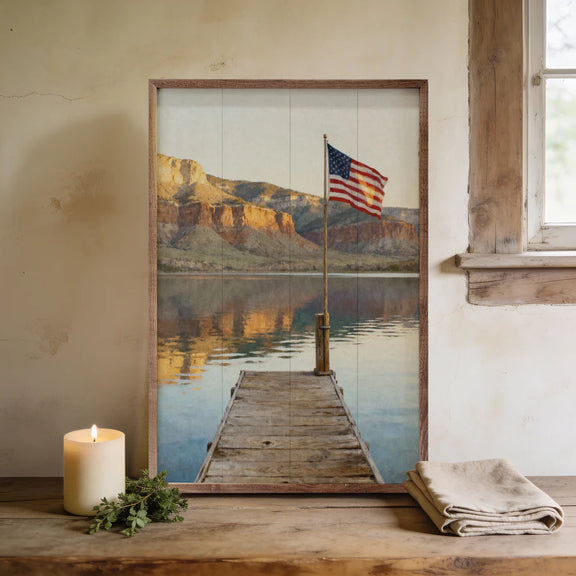 Mountain Lake Flag Dock patriotic wall art farmhouse decor