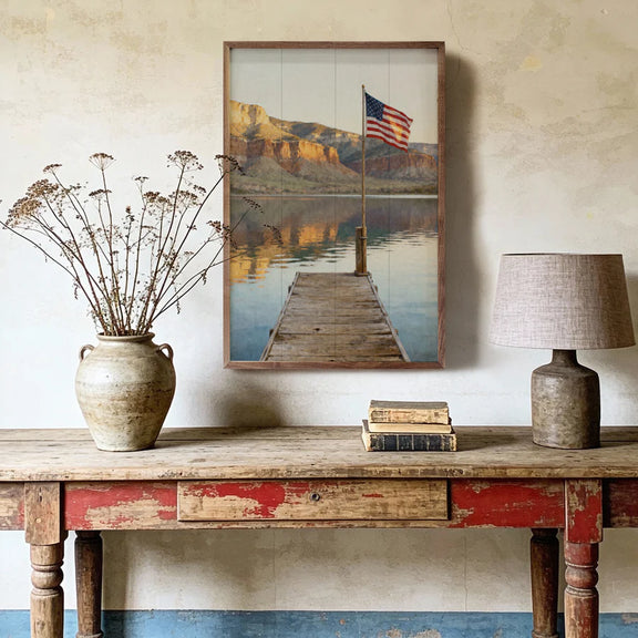 Mountain lake flag art with rustic cabin décor