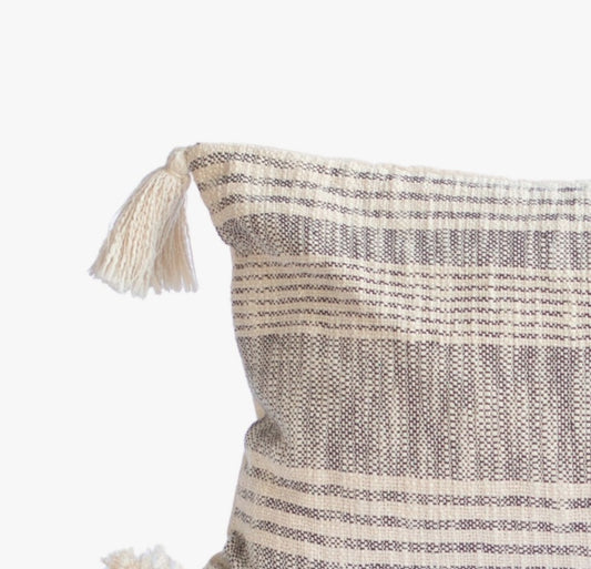 Striped Charcoal and Cream Cotton Pillow Cover with Tassels