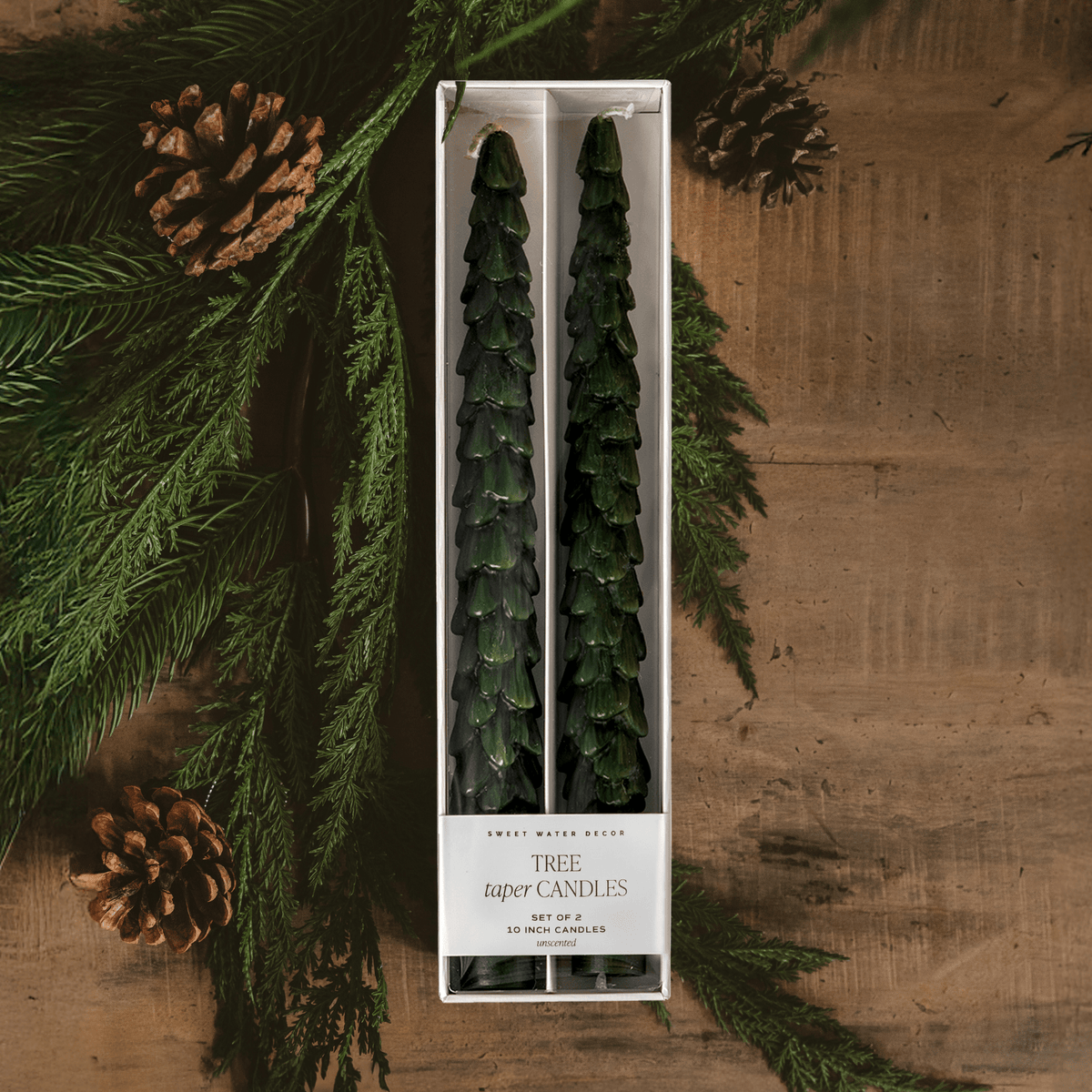 Green Tree Taper Candles | Set of 2