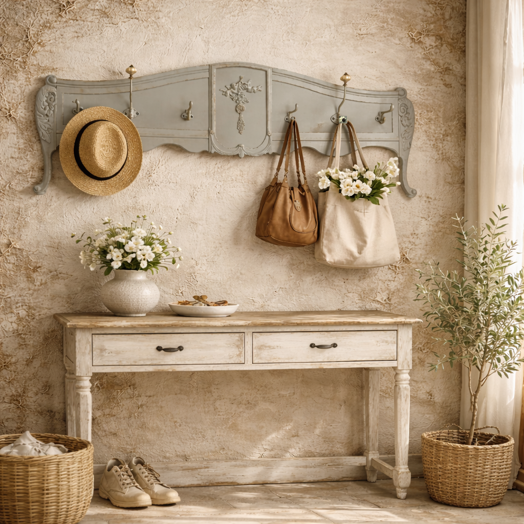 French Country Ornate Wall Mounted Coat Rack | Distressed Green Finish