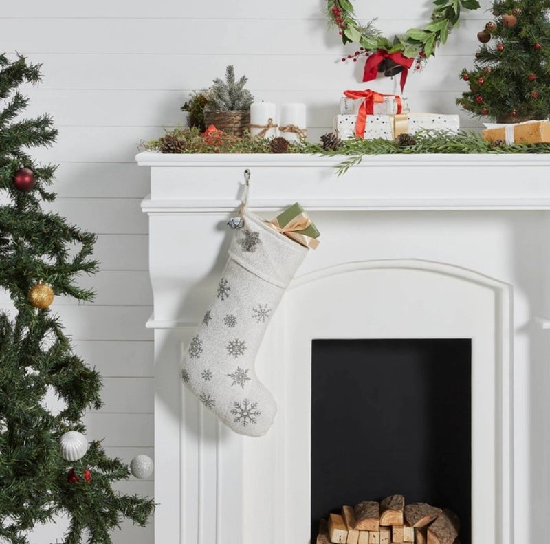 Yuletide Burlap Snowflake Stocking - Antique White