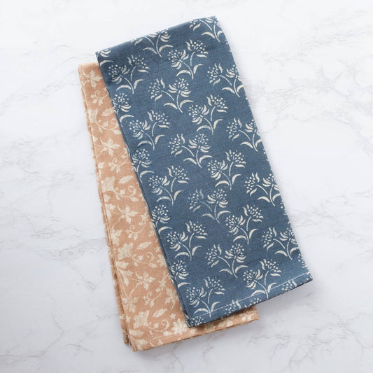 Navy and Sandstone Floral Block Print Tea Towels