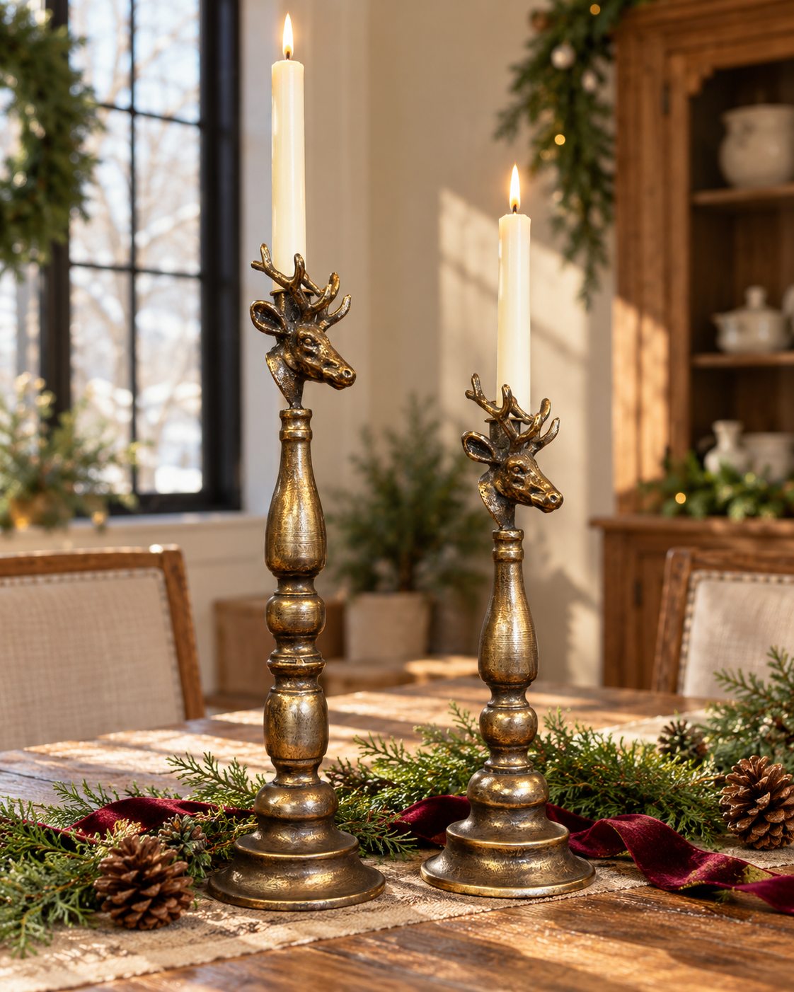 Antique Brass Deer Head Candle Holder