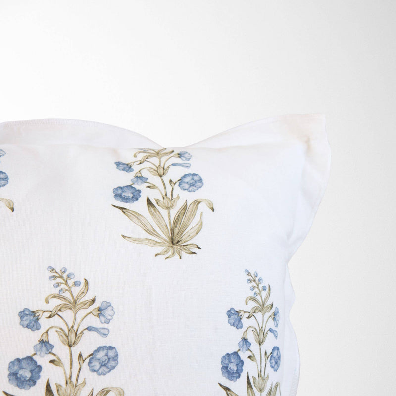 Lucy Hand Painted Block Print Floral Pillow Cover in Blue