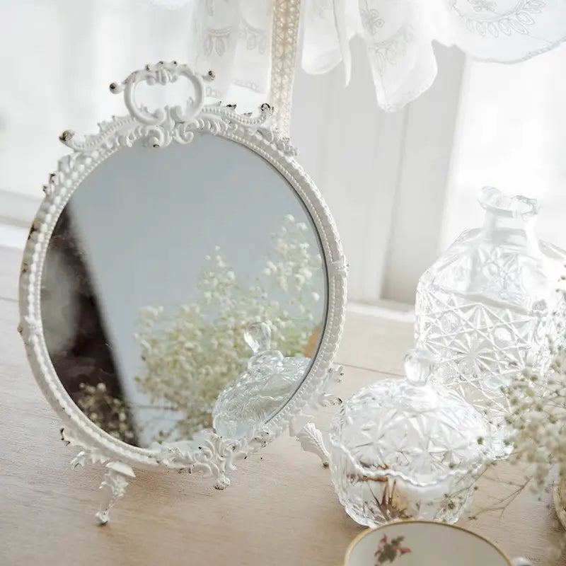 Round Pewter Vanity Mirror | Antique White